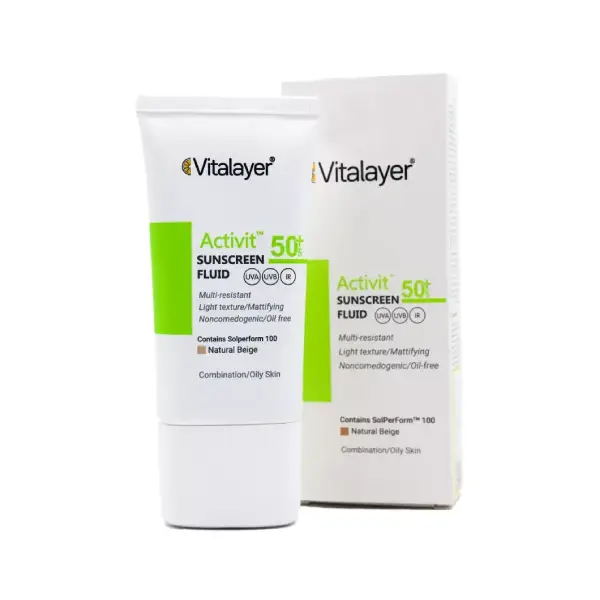فلوئید ضد آفتاب ویتالیر رنگ نچرال بژ مناسب پوست چرب SPF 50