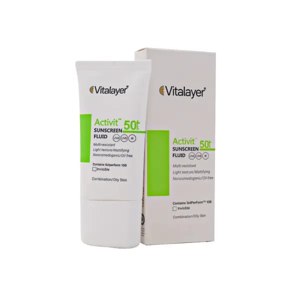فلوئید ضد آفتاب بی رنگ SPF 50 اکتیویت ویتالیر پوست چرب و مختلط